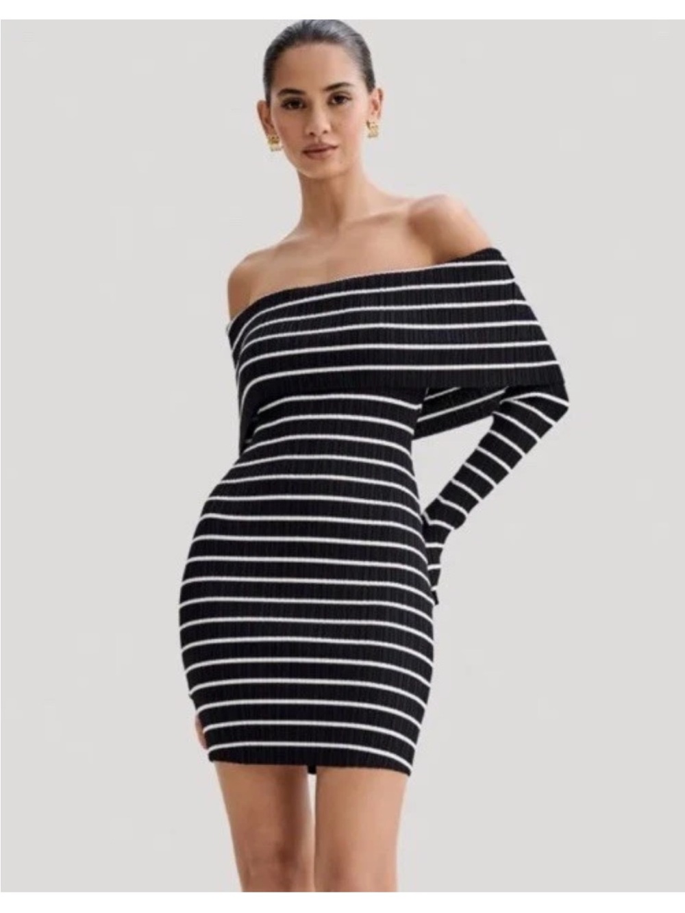 Meshki Dominica Off-Shoulder Black & White Striped Bodycon Dress